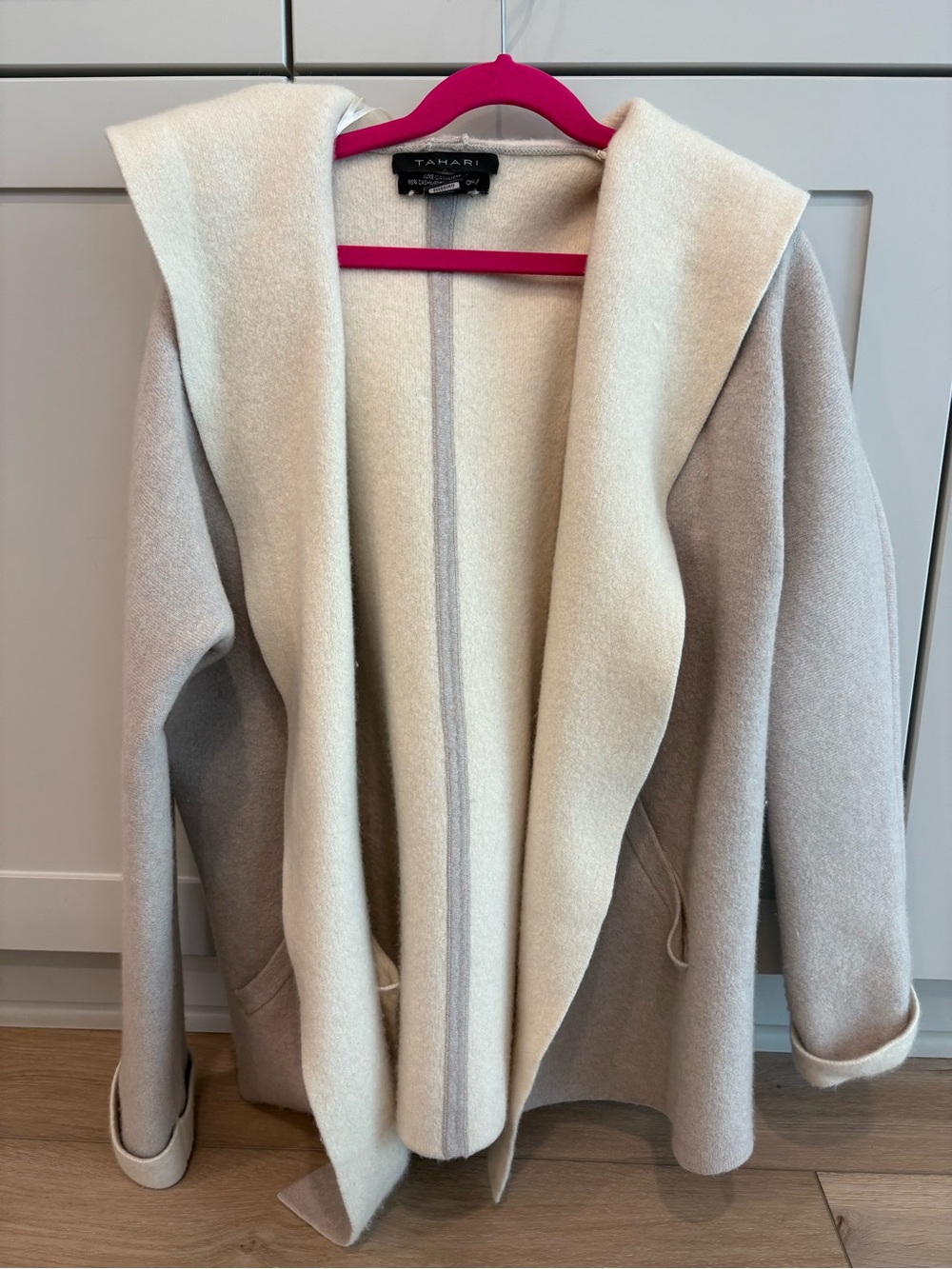 Tahari Two-Tone Hooded Reversible Jacket in Cream and Taupe